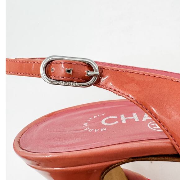 Chanel Pink Patent Leather Platform Block Heel Sling Backs size 37.5/ US6.5–7 - Picture 11 of 15